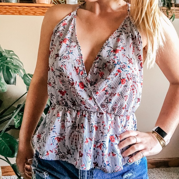 Daytrip Tops - Buckle floral/striped peplum blouse